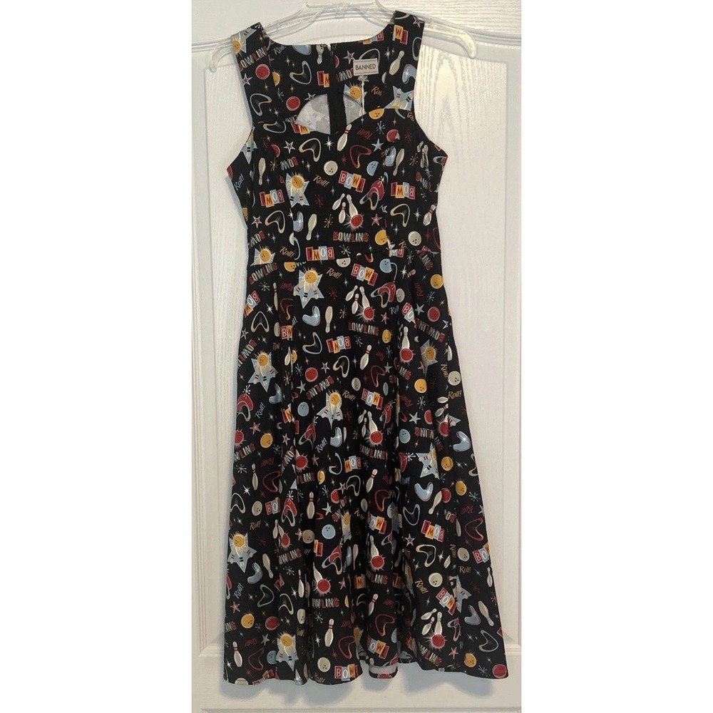 Banned Retro Atomic Print Let's Go Bowling Black Swing Dress Womens Size XS NWT